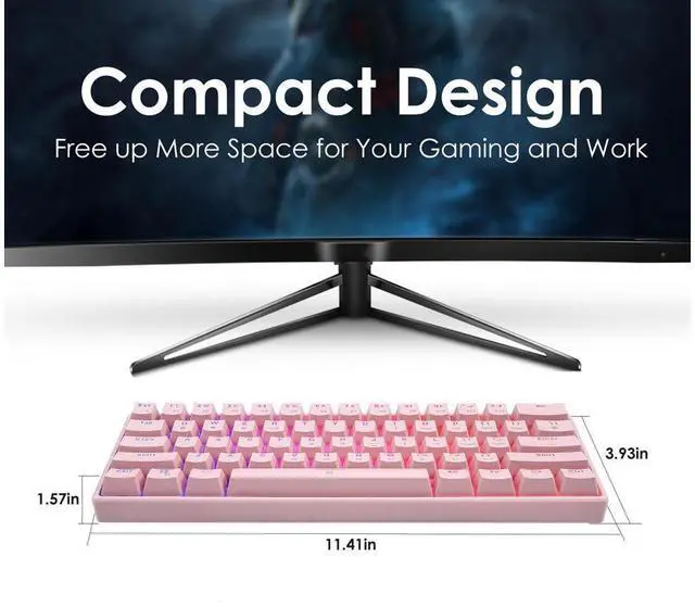 Alt view image 3 of 6 - CORN 60% Keys Mini Gaming Keyboard with Mutil-color Wired Type-C Mechanical Gaming Keyboard For Office And Game, Anti-Ghosting Keys,Blue Switch-Pink