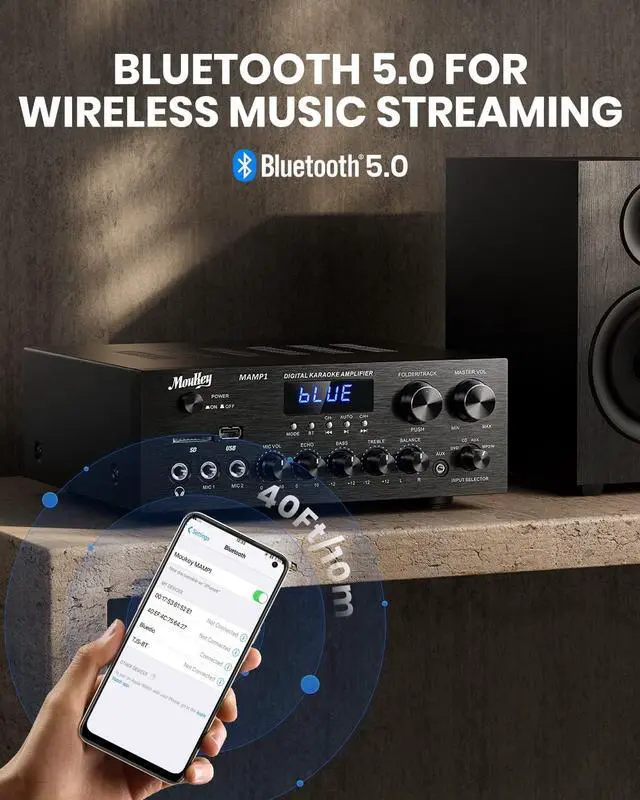 Alt view image 3 of 4 - Stereo Receivers with Bluetooth 5.0, 2.0 Channel Power Audio Amplifier Stereo System w/USB, SD, AUX, RCA, MIC in w/Echo, LED for Karaoke, Home Theater Speakers, 400W Peak, 25W× 2 RMS- MAMP1