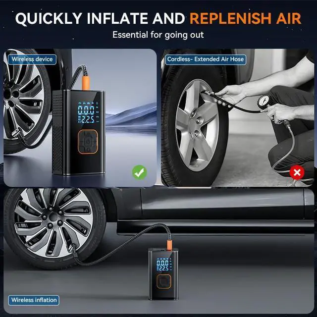 Alt view image 4 of 7 - Tire Inflator Portable Air Compressor, 150PSI Cordless Air Pump for Car Tires with 4000mAh Battery, Electric Tire Pump with Pressure Gauge Emergency Light for Car Bike Motor Ball, Bike Pump