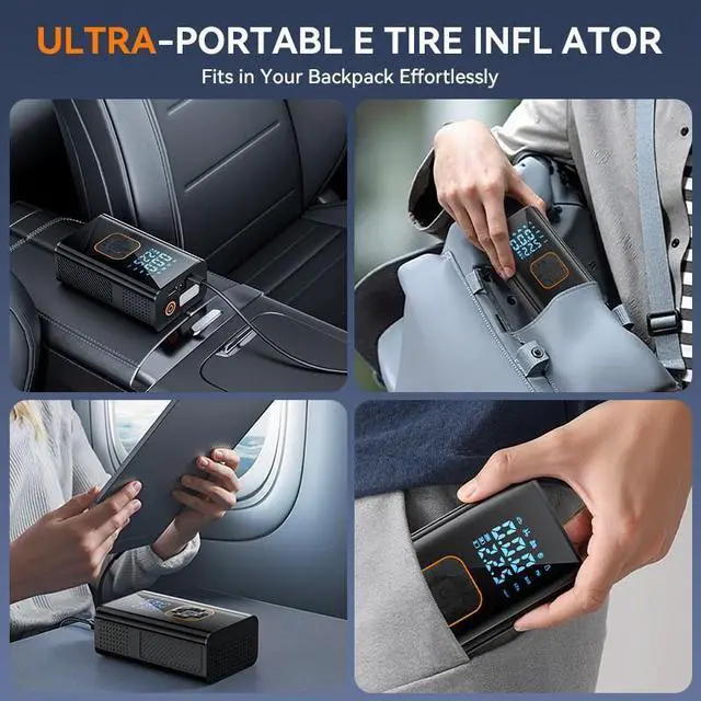 Alt view image 3 of 7 - Tire Inflator Portable Air Compressor, 150PSI Cordless Air Pump for Car Tires with 4000mAh Battery, Electric Tire Pump with Pressure Gauge Emergency Light for Car Bike Motor Ball, Bike Pump