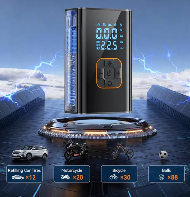 Alt view image 2 of 7 - Tire Inflator Portable Air Compressor, 150PSI Cordless Air Pump for Car Tires with 4000mAh Battery, Electric Tire Pump with Pressure Gauge Emergency Light for Car Bike Motor Ball, Bike Pump