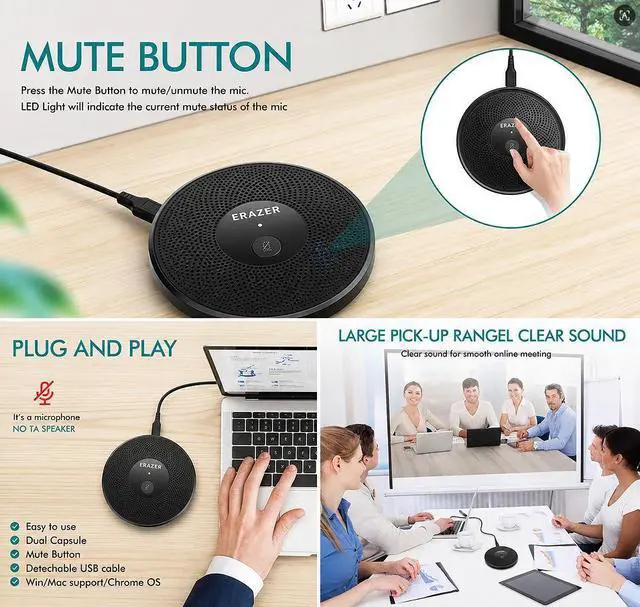 Alt view image 4 of 4 - USB Conference Microphone for Computer, 360°Omnidirectional Condenser PC Mic Pick Up Voice 10ft,One-Key Mute,Plug & Play Laptop Desktop Microphone for Video Meeting,Skype,Zoom,Gaming(Windows/Mac OS)