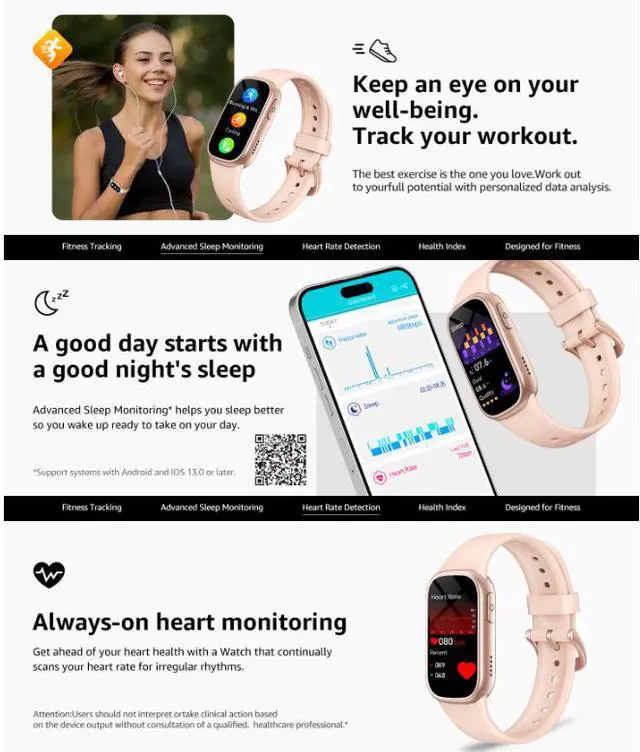 Alt view image 6 of 7 - Fitness Tracker HR, Activity Tracker Watch with Heart Rate Monitor, Waterproof Smart Fitness Band with Step Counter, Pedometer Watch for Kids Women and Men-Pink