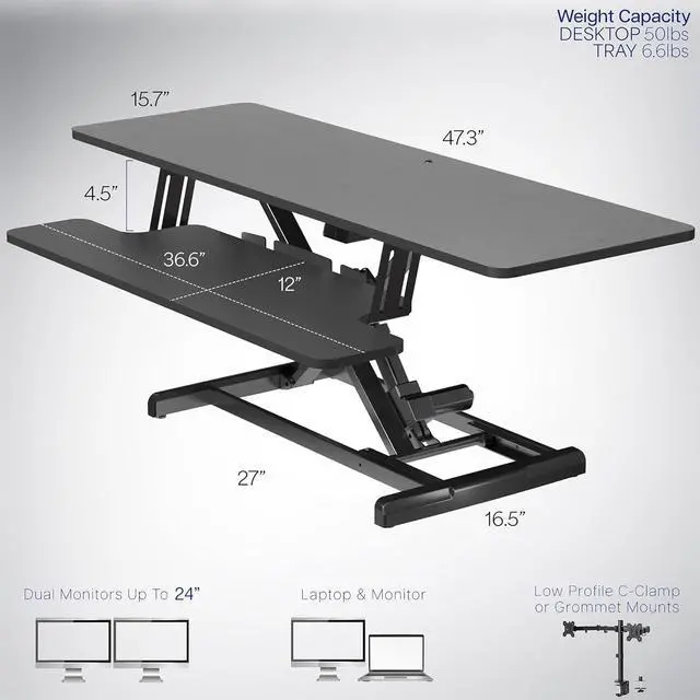 Alt view image 4 of 6 - Black 47 inch Electric Desk Converter, DESK-VE48B | Height Adjustable, Stand Up Desk Riser, Wide Keyboard Tray, Dual Monitor and Laptop Workstation