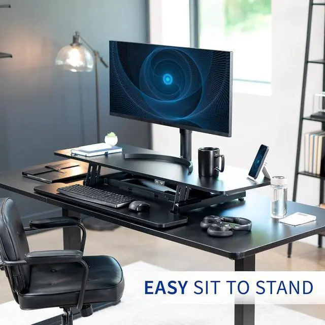 Alt view image 3 of 6 - Black 47 inch Electric Desk Converter, DESK-VE48B | Height Adjustable, Stand Up Desk Riser, Wide Keyboard Tray, Dual Monitor and Laptop Workstation