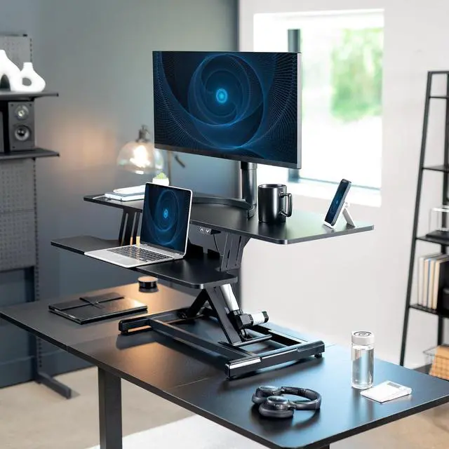 Alt view image 2 of 6 - Black 47 inch Electric Desk Converter, DESK-VE48B | Height Adjustable, Stand Up Desk Riser, Wide Keyboard Tray, Dual Monitor and Laptop Workstation