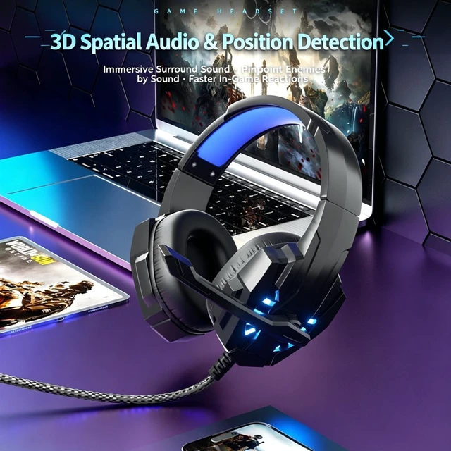 Alt view image 5 of 5 - Corn G9000 Stereo Gaming Headset for PS4 PC Xbox One PS5 Controller, Noise Cancelling Over Ear Headphones with Mic, LED Light, 7.1 Surround Sound, Soft Memory Earmuffs for Nintendo Xbox Series X|S