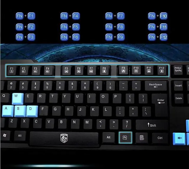 Alt view image 5 of 7 - CORN Black & Blue Multimedia Gaming Keyboard & Mouse With USB RF 2.4GHz Wireless HTPC, Anti-Ghosting Feature, Water-Proof Design, Mute Effect and Mechanical Feel Design, Fully Compatible
