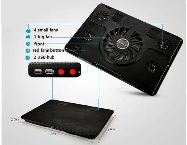 Alt view image 3 of 5 - 5 Fans 2USB Notebook Laptop Computer Cooler, CORN Cooling Rack, Fan Base Plate, Blue LED Strengthen Edition for 14,15.6 ,17 inches - Black