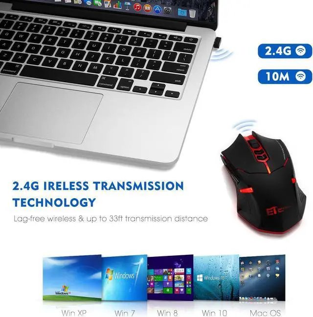 Alt view image 4 of 4 - Pictek 2400DPI Adjustable Game Mice 2.4G Wireless Gaming Mouse with 7-Button,Quiet Button Design for Laptop Notebook PC Laptop Computer,Red