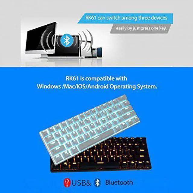 Alt view image 4 of 7 - CORN 60 keyboard RK61 Bluetooth 5.0 Wired/Wireless 61 Keys Multi-Device LED Backlit Gaming/Office Mechanical Keyboard for iOS, Android, Windows and Mac with Rechargeable Battery , Red Switch - White