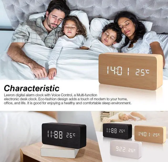 Alt view image 2 of 7 - Wooden Digital Alarm Clock, Leeron Cube Wood-shaped Time Temperature and Sound Control Desk Alarm Clock for Kid, Home, Office, Daily Life, Heavy Sleepers (Wood)