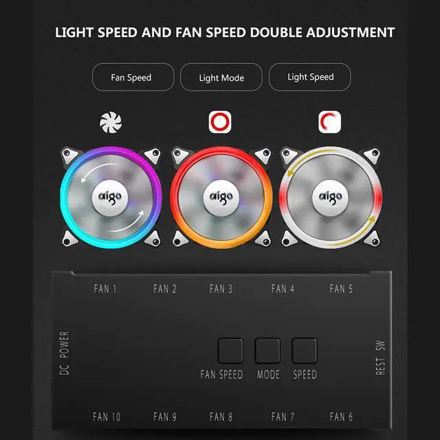 Alt view image 6 of 7 - Aigo Case Fan 5-Pack RGB LED 120mm High Airflow Adjustable colorful Quiet Edition RGB CPU Coolers Radiator with controller