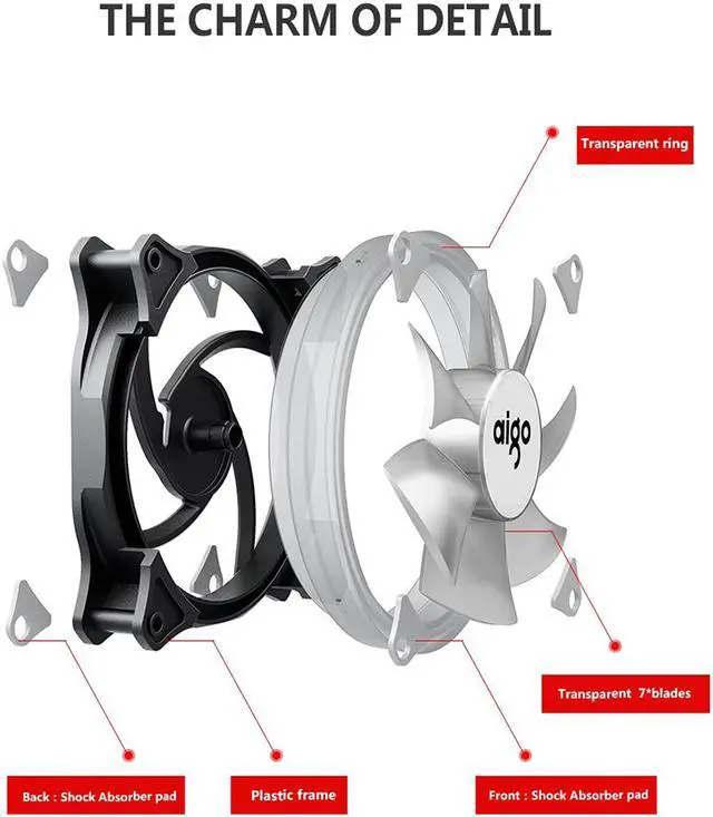 Alt view image 5 of 7 - Aigo Case Fan 5-Pack RGB LED 120mm High Airflow Adjustable colorful Quiet Edition RGB CPU Coolers Radiator with controller