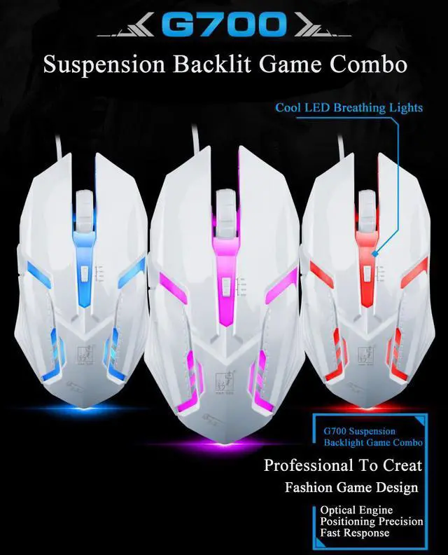 Alt view image 2 of 7 - Mechanical Feeling Gaming Keyboad,CORN Rainbow Backlit Metal Panel Wired Gaming Keyboard And 2400 DPI Breathing LED Mouse Combo - White