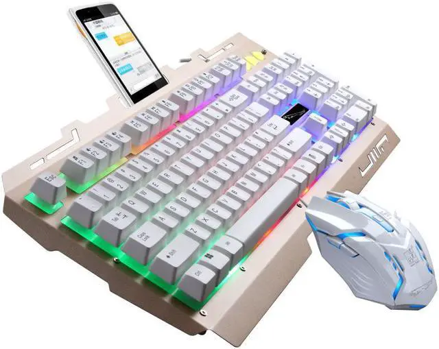 Main image of Mechanical Feeling Gaming Keyboad,CORN Rainbow Backlit Metal Panel Wired Gaming Keyboard And 2400 DPI Breathing LED Mouse Combo - White