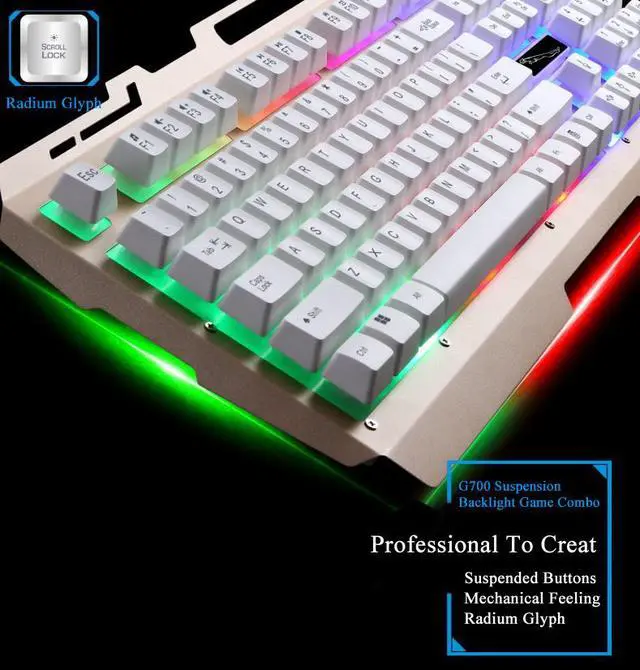 Alt view image 4 of 7 - Mechanical Feeling Gaming Keyboad,CORN Rainbow Backlit Metal Panel Wired Gaming Keyboard And 2400 DPI Breathing LED Mouse Combo - White