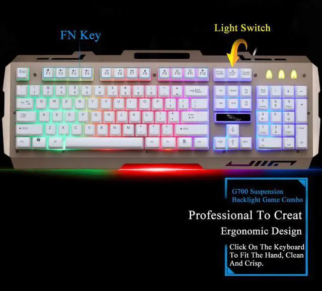 Alt view image 5 of 7 - Mechanical Feeling Gaming Keyboad,CORN Rainbow Backlit Metal Panel Wired Gaming Keyboard And 2400 DPI Breathing LED Mouse Combo - White