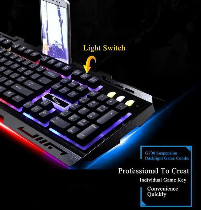 Alt view image 6 of 7 - Mechanical Feeling Gaming Keyboad,CORN Rainbow Backlit Metal Panel Wired Gaming Keyboard And 2400 DPI Breathing LED Mouse Combo - White