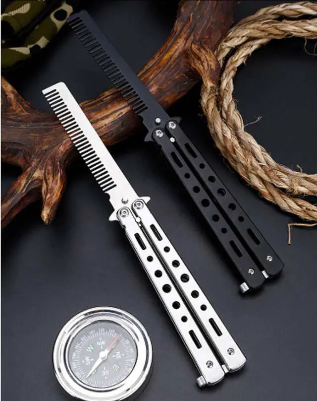 Alt view image 4 of 6 - CORN Black Silver Stainless Steel Practice Butterfly In Knife Balisong Trainer Training Folding Knife Dull Tool Outdoor Camping Comb