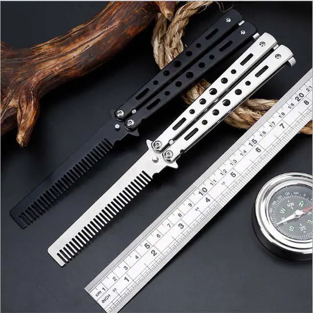 Alt view image 6 of 6 - CORN Black Silver Stainless Steel Practice Butterfly In Knife Balisong Trainer Training Folding Knife Dull Tool Outdoor Camping Comb