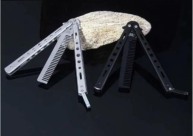 Alt view image 5 of 6 - CORN Black Silver Stainless Steel Practice Butterfly In Knife Balisong Trainer Training Folding Knife Dull Tool Outdoor Camping Comb