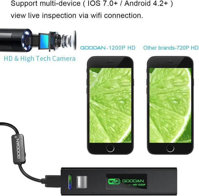 Alt view image 2 of 7 - SEE ANYWHERE Wireless Inspection Camera Updated 1200P HD Wifi Endoscope Borescope With 2.0 Megapixels 1200P HD Snake Camera For Iphone Android Smartphone, Table, Ipad, PC - 33FT