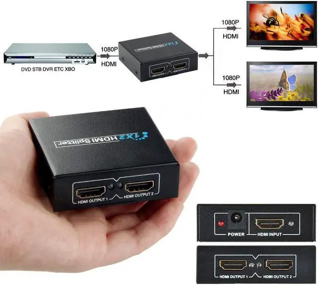 Alt view image 6 of 6 - CORN HDMI V1.3b 1x2 1 to 2 1440P Splitter 1 in 2 out for Dual Display ViewHD 2 Port HDMI 1x2 Powered Splitter Ver 1.3 Certified for Full HD 1080P & 3D (One Input To Two Outputs