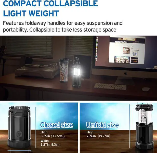Alt view image 3 of 7 - Etekcity 4 Pack Portable LED Camping Lantern with 12 AA Batteries - Survival Kit for Emergency, Hurricane, Power Outage (Black, Collapsible) (CL30)