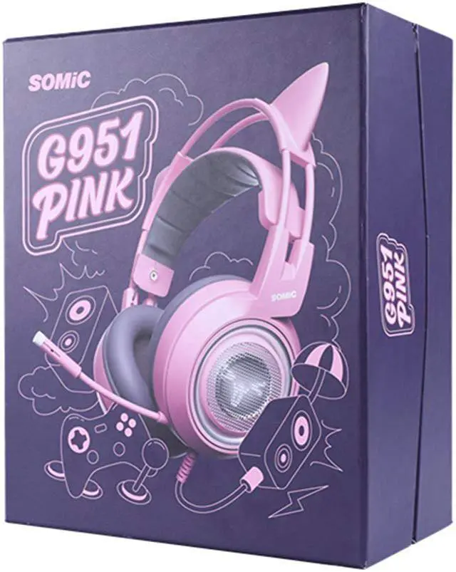 Alt view image 5 of 14 - SOMIC G951pink Gaming Headset For PC, PS4, Laptop: 7.1 Virtual Surround Sound Detachable Cat Ear Headphones LED, USB, Lightweight Self-adjusting Over-Ear Headphones For Girlfriend Women