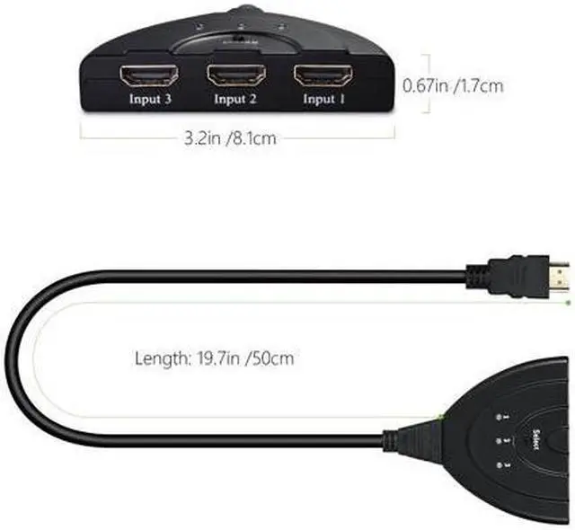 Alt view image 3 of 6 - CORN 1080P 3-Port HDMI Switch 3x1 Auto Switch, Support 3D,