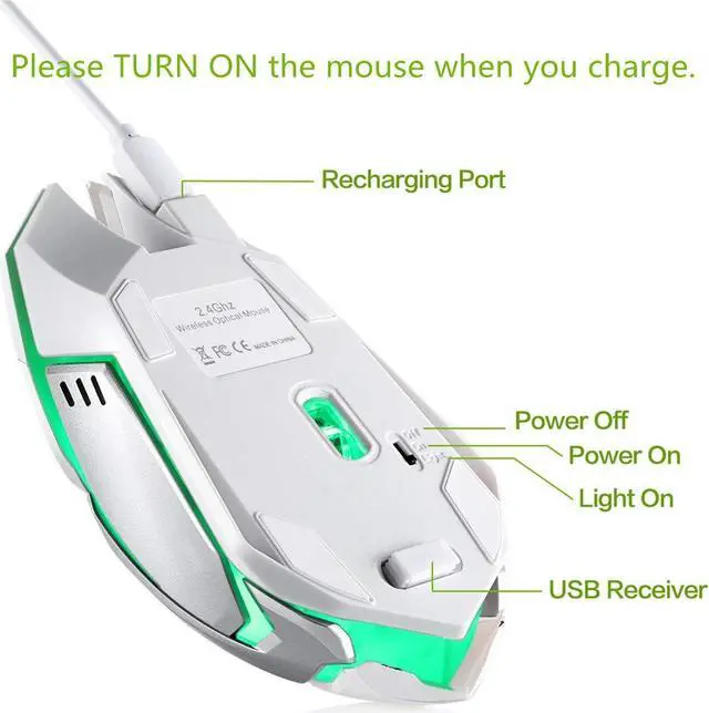 Alt view image 3 of 5 - Wireless Gaming Mouse, VEGCOO C8 Silent Click Wireless Rechargeable Mouse with Colorful LED Lights and 2400/1600/1000 DPI 400mah Lithium Battery for Laptop and Computer (C9 White)