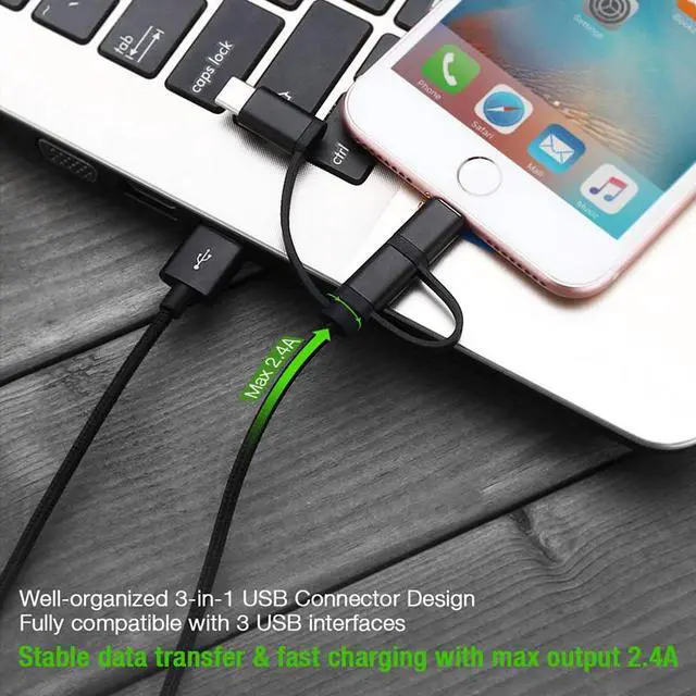 Alt view image 5 of 6 - CORN 3 in 1 Multiple Cables, Multi Charging Cable MFi Certified Nylon Braided 3.3ft (1m) 3 in 1 USB Charger Cord with iPhone/Type C/Micro USB Connector for iPhone/iPad/Android Devices
