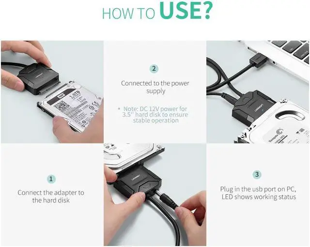 Alt view image 5 of 7 - UGREEN USB to SATA USB 3.0 to Hard Drive Adapter Cable Converter for 2.5 3.5 Inch Hard Drive Disk HDD and SSD Support UASP SATA III with 12V 2A Power Adapter