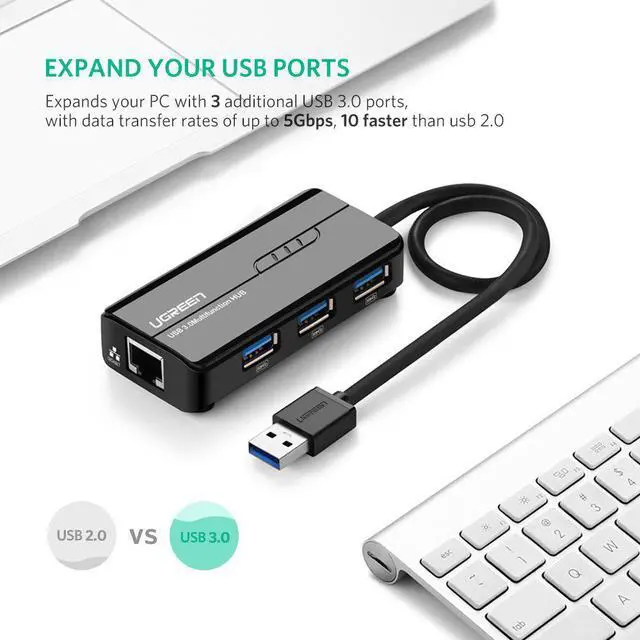 Alt view image 6 of 7 - UGREEN Ethernet Adapter USB Gigabit Network Adapter 10/100/1000Mbps/1 Gbps with USB 3.0 Hub 3 Ports for Nintendo Switch, Wii, Windows Surface Pro, MacBook Air/Retina, iMac Pro, Chromebook, and More PC