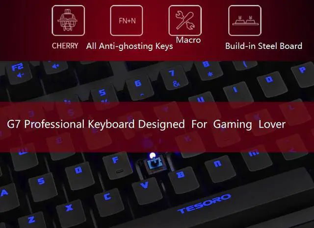Alt view image 3 of 6 - TESORO  G7 All Non-conflicting Keys,  Ergonomic Design, Cool Exterior Red Backlit LED Light USB Wired Cherry MX Black Mechanical  Gaming Keyboard  - Black