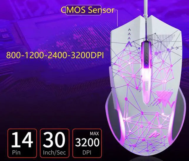 Alt view image 5 of 8 - Ajazz AJ119  Ergonomic Design, Cool Exterior 4-color Backlit 3200DPI 6 Programmable Buttons, USB Wired  Gaming Mouse-White