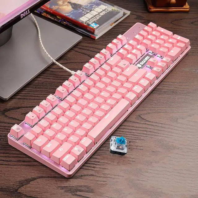Alt view image 2 of 5 - CORN  Ergonomic Design, All 104 Non-conflicting keys Cool Exterior With  8 White Backlit Modes,  USB Wired Blue Mechanical Gaming Keyboard  - Pink