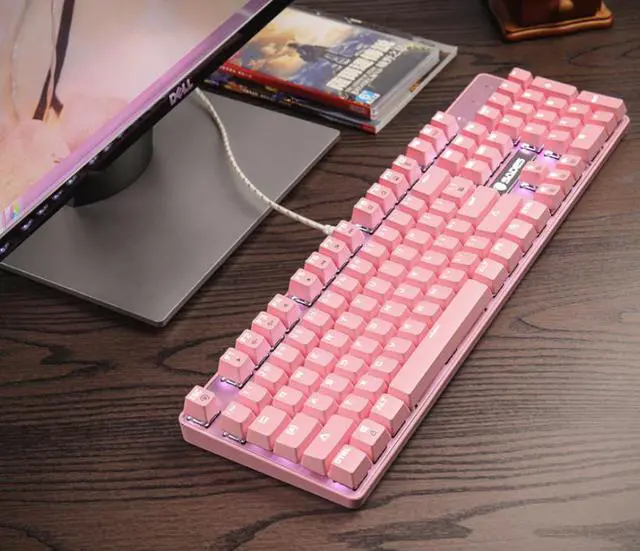 Alt view image 3 of 5 - CORN  Ergonomic Design, All 104 Non-conflicting keys Cool Exterior With  8 White Backlit Modes,  USB Wired Blue Mechanical Gaming Keyboard  - Pink
