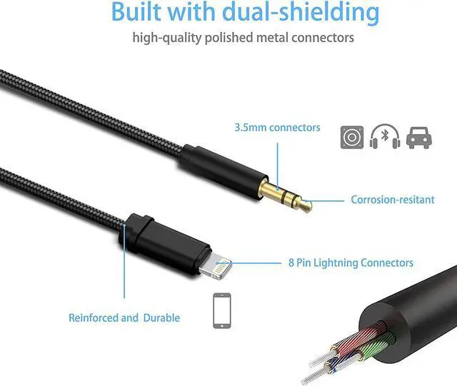 Alt view image 3 of 5 - Lightning to 3.5mm Male Aux Stereo Audio Cable, Supporting iOS 11/10.3 or above, Corn Nylon Car Aux Cable for iPhone X/ 8/ 7 / 7 Plus, iPhone Adapter for Car Home Stereo