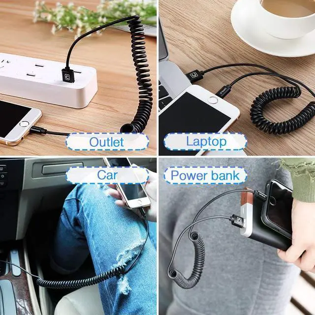 Alt view image 6 of 7 - Coiled Charging Cable, CORN 2 Pack Retractable Phone Charger Cord USB Powerline Compatible for iPhone Xs/XS MAX/X / 8/7 / 6 Plus, iPad, Carplay - (Black/5ft)