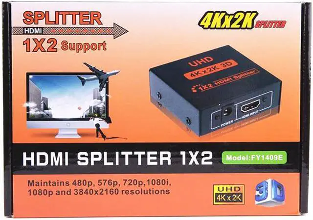 Alt view image 7 of 7 - CORN New Ultra HD 4K 2 Port HDMI Splitter 1x2 Repeater Amplifier 1080P 3D Hub 1 In 2 Out