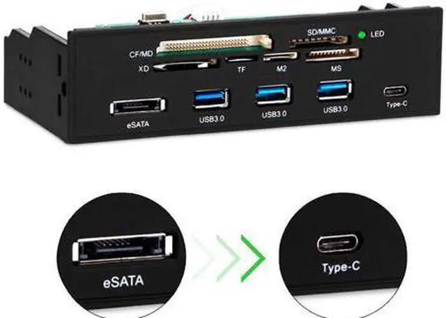 Alt view image 2 of 4 - 5.25 inch PC Computer Front panel All-in-1 Multifunction USB 2.0 card reader with 3 ports USB3.0,Type-C, eSATA ,Support MD,SD/MMC,XD,TF,M2,MS,64G CF card (STW-3125)