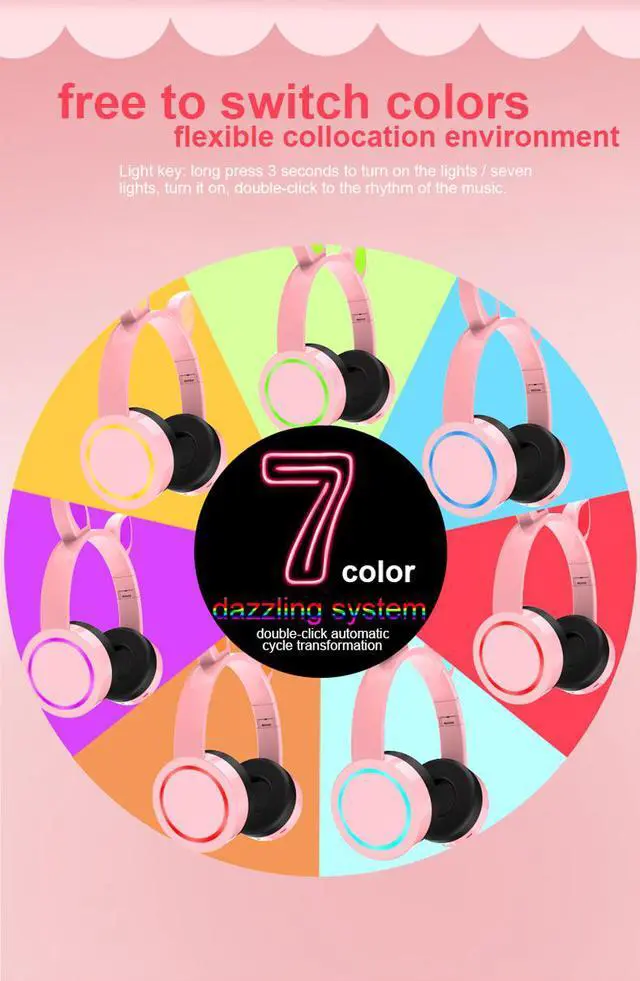 Alt view image 6 of 7 - CORN New Arrival Bluetooth Wireless,Smart Noise-Cancallation,7 Color LED light Mode, Rabbit Ear Cute Shape Design Headset-Black