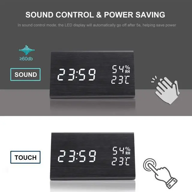 Alt view image 2 of 5 - TooTa Digital Clock, 3 Alarm Settings, with Wooden Electronic LED Time Display, Dual Temperature & Humidity Detect, Ideal for Bedroom, Bedside Kids, Batteries not Needed