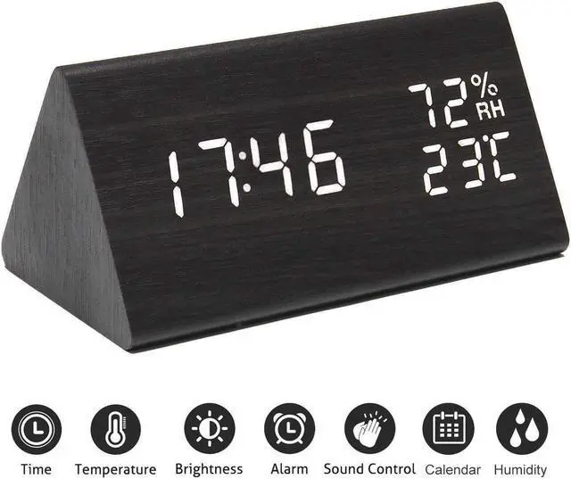 Alt view image 3 of 5 - TooTa Digital Clock, 3 Alarm Settings, with Wooden Electronic LED Time Display, Dual Temperature & Humidity Detect, Ideal for Bedroom, Bedside Kids, Batteries not Needed