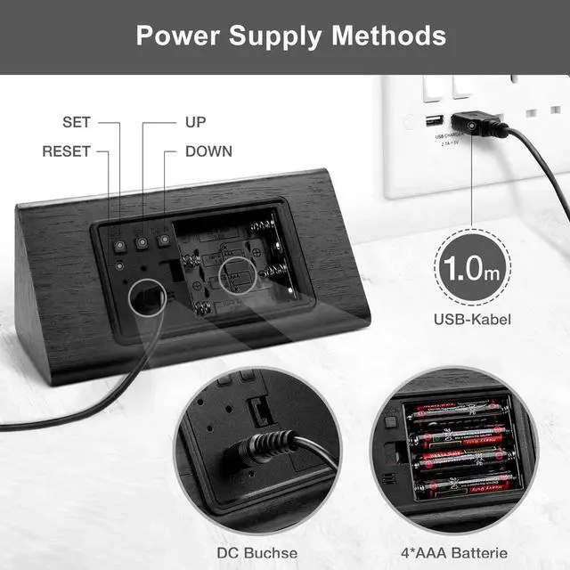 Alt view image 5 of 5 - TooTa Digital Clock, 3 Alarm Settings, with Wooden Electronic LED Time Display, Dual Temperature & Humidity Detect, Ideal for Bedroom, Bedside Kids, Batteries not Needed