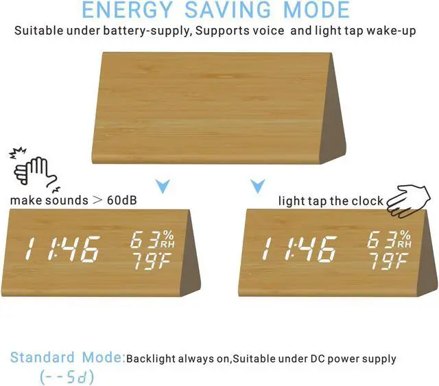 Alt view image 4 of 5 - TooTa Digital Clock, 3 Alarm Settings, with Wooden Electronic LED Time Display, Dual Temperature & Humidity Detect, Ideal for Bedroom, Bedside Kids, Batteries not Needed