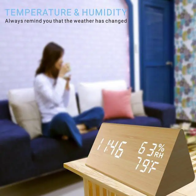 Alt view image 5 of 5 - TooTa Digital Clock, 3 Alarm Settings, with Wooden Electronic LED Time Display, Dual Temperature & Humidity Detect, Ideal for Bedroom, Bedside Kids, Batteries not Needed