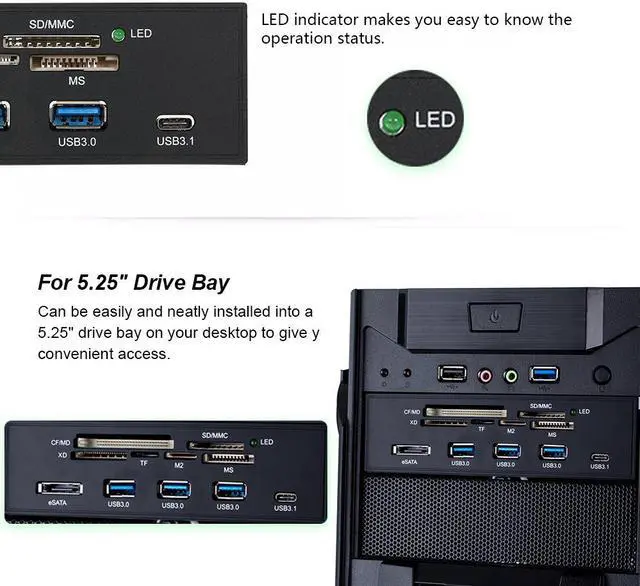 Alt view image 4 of 5 - CORN STW 5.25" Internal Card Reader Media Multi-Function Front Panel Type-C & 3.0 Support CF SD,MS,XD,M2 MSO, eSATA Adapter Card